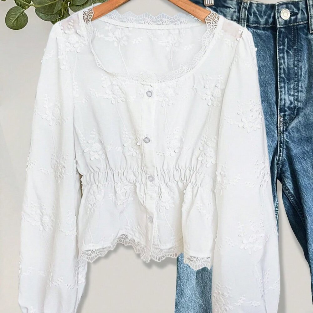 White Casual Women's Sheer Embroidered Lantern Sleeve Blouse - Picture 5 of 5